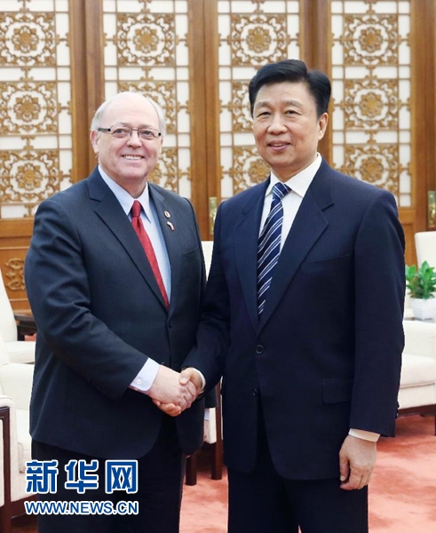 1月4日，中國國家副主席李源潮在北京人民大會堂會見加拿大參議長富里。新華社記者 姚大偉 攝