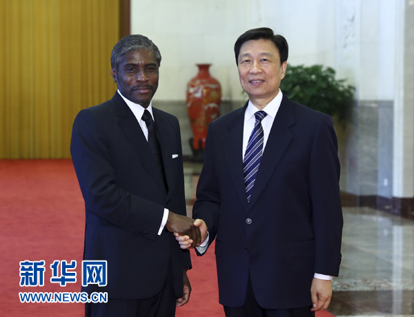 7月13日，中國(guó)國(guó)家副主席李源潮在北京人民大會(huì)堂與赤道幾內(nèi)亞副總統(tǒng)曼格會(huì)談。 新華社記者 謝環(huán)馳 攝