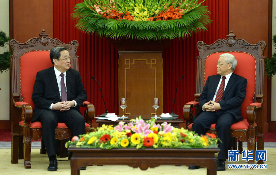12月25日至27日，中共中央政治局常委、全國(guó)政協(xié)主席俞正聲對(duì)越南進(jìn)行正式訪問(wèn)。這是12月26日，俞正聲在河內(nèi)會(huì)見越共中央總書記阮富仲。 新華社記者馬占成攝