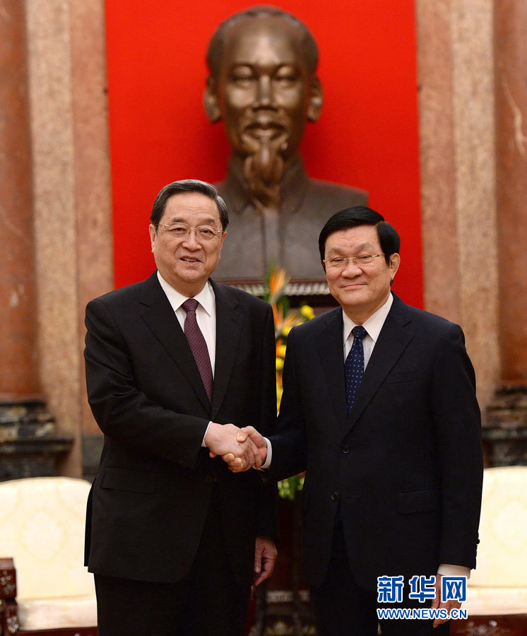 12月25日至27日，中共中央政治局常委、全國(guó)政協(xié)主席俞正聲對(duì)越南進(jìn)行正式訪問(wèn)。這是12月26日，俞正聲在河內(nèi)會(huì)見越南國(guó)家主席張晉創(chuàng)。 新華社記者馬占成攝