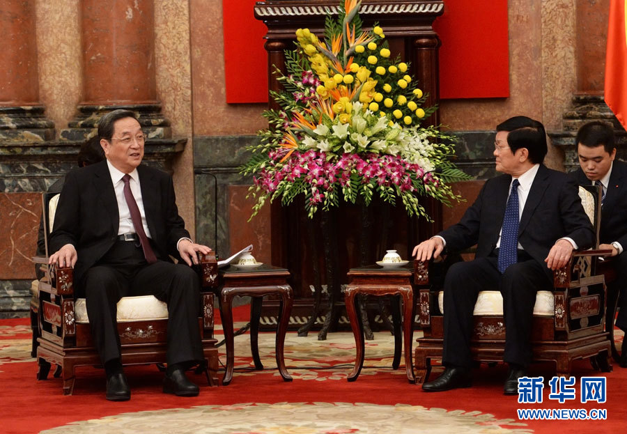 12月25日至27日，中共中央政治局常委、全國(guó)政協(xié)主席俞正聲對(duì)越南進(jìn)行正式訪問(wèn)。這是12月26日，俞正聲在河內(nèi)會(huì)見越南國(guó)家主席張晉創(chuàng)。 新華社記者劉建生攝